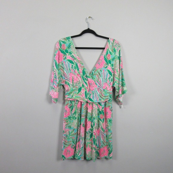 Lilly Pulitzer Parigi Romper Mini Dress M Green Floral V Neck Resort 436 - Picture 2 of 11